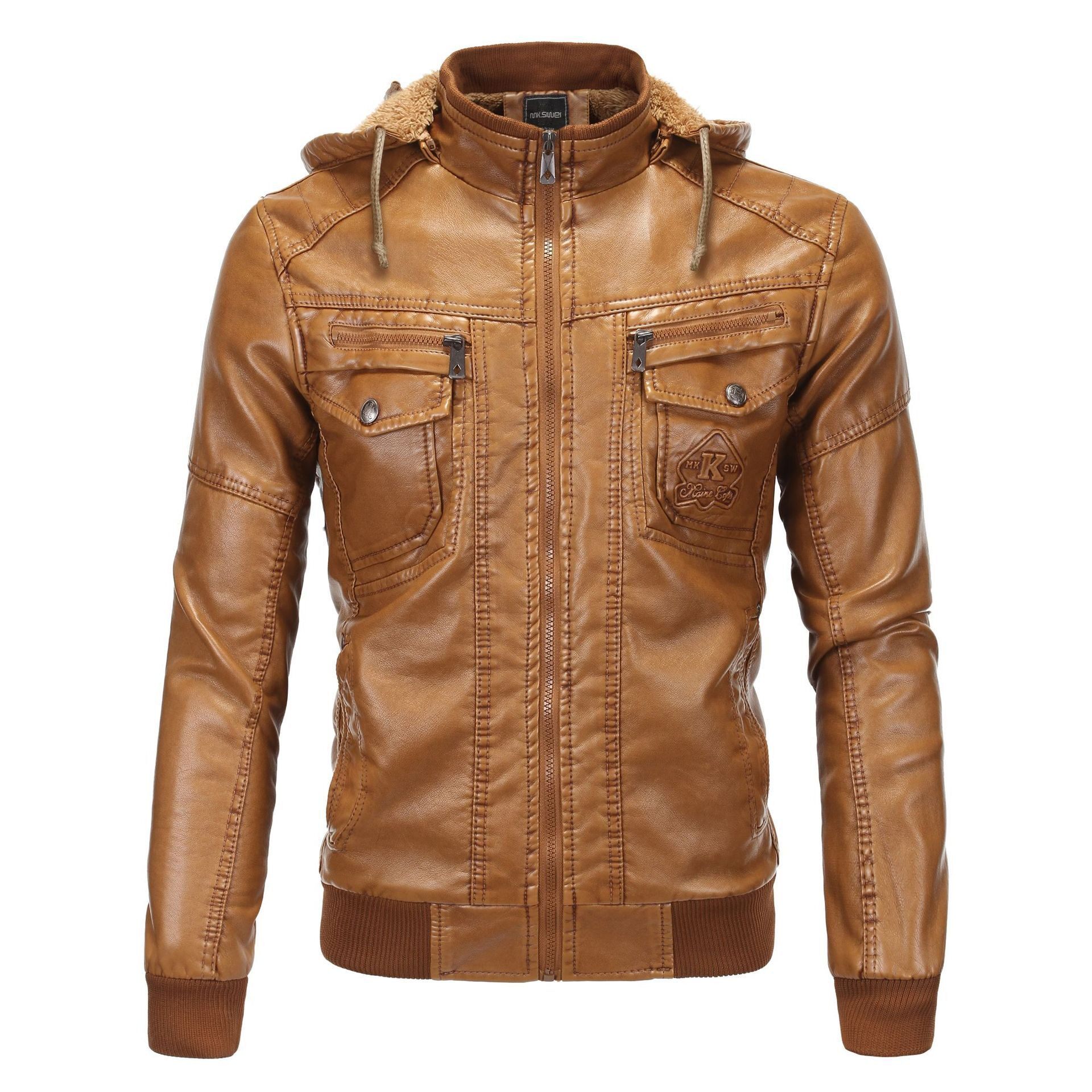 jacket Men's leather coat 皮衣青年下摆立领流行拉链休闲黄色