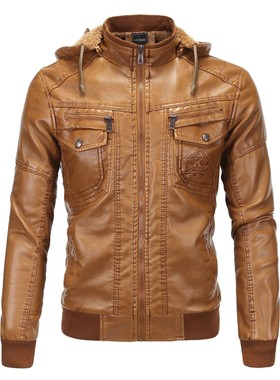 jacket Men's leather coat 皮衣青年下摆立领流行拉链休闲黄色