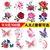 纹身贴女防水持久仿真玫瑰花朵蝴蝶锁骨遮疤痕ins风3D彩色小贴纸