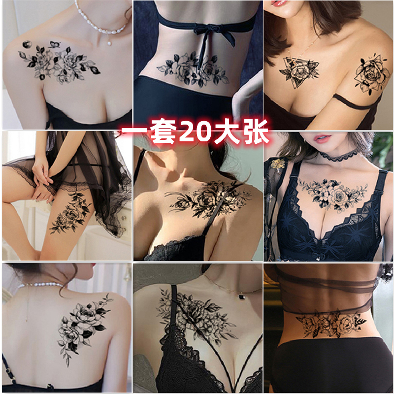 花臂纹身贴女防水持久仿真黑色性感大图案花朵暗黑系遮疤手臂贴纸