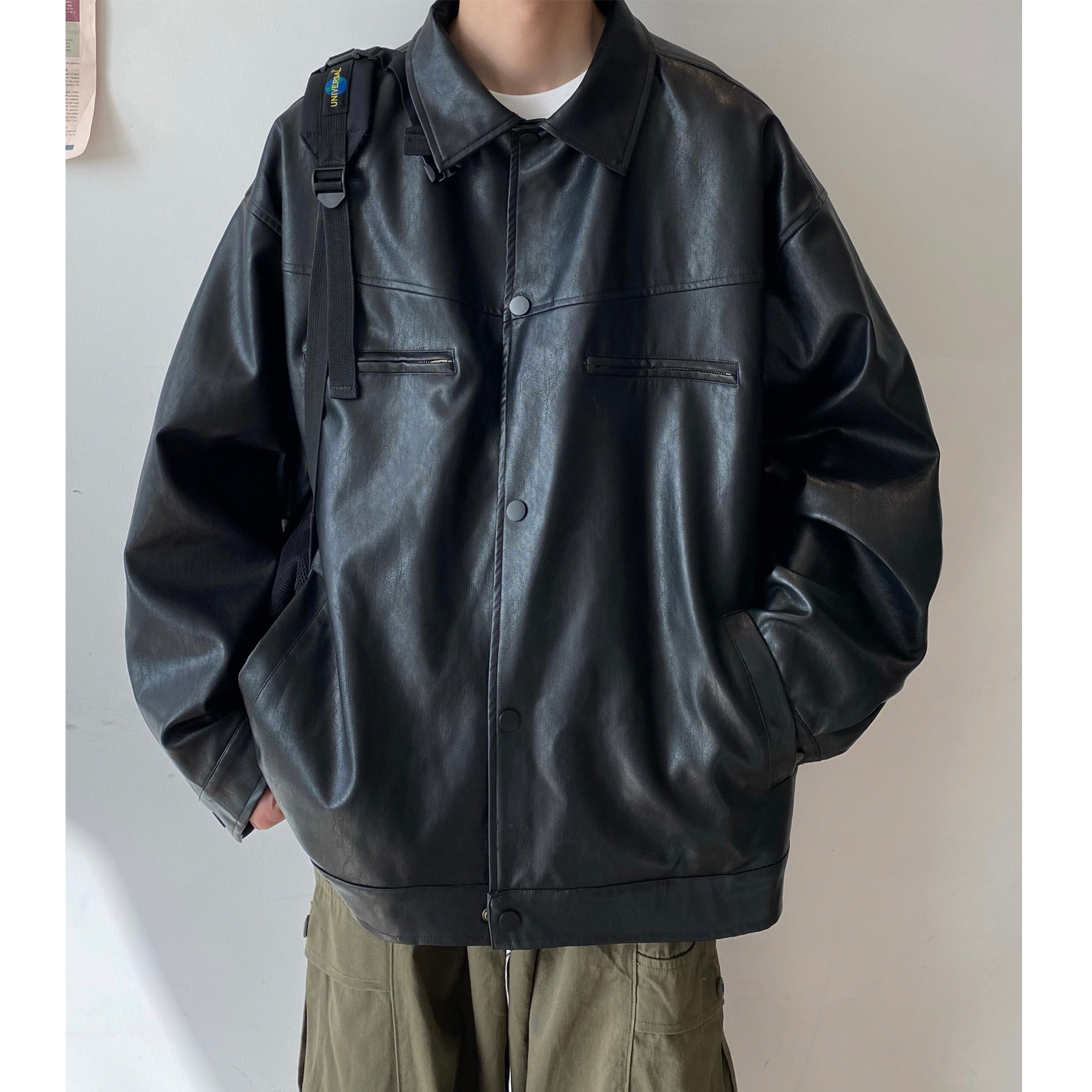 Y28*现货可供视频24春季美式复古PU皮夹克男秋季翻领外套P98图片