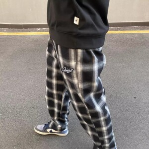 秋季黑白格子直筒裤男女潮流复古运动宽松运动休闲长裤子P38图片