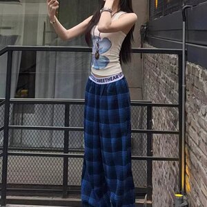 美式街头复古格纹拼接休闲裤女2026春显瘦宽松垂感阔腿裤子P38图片