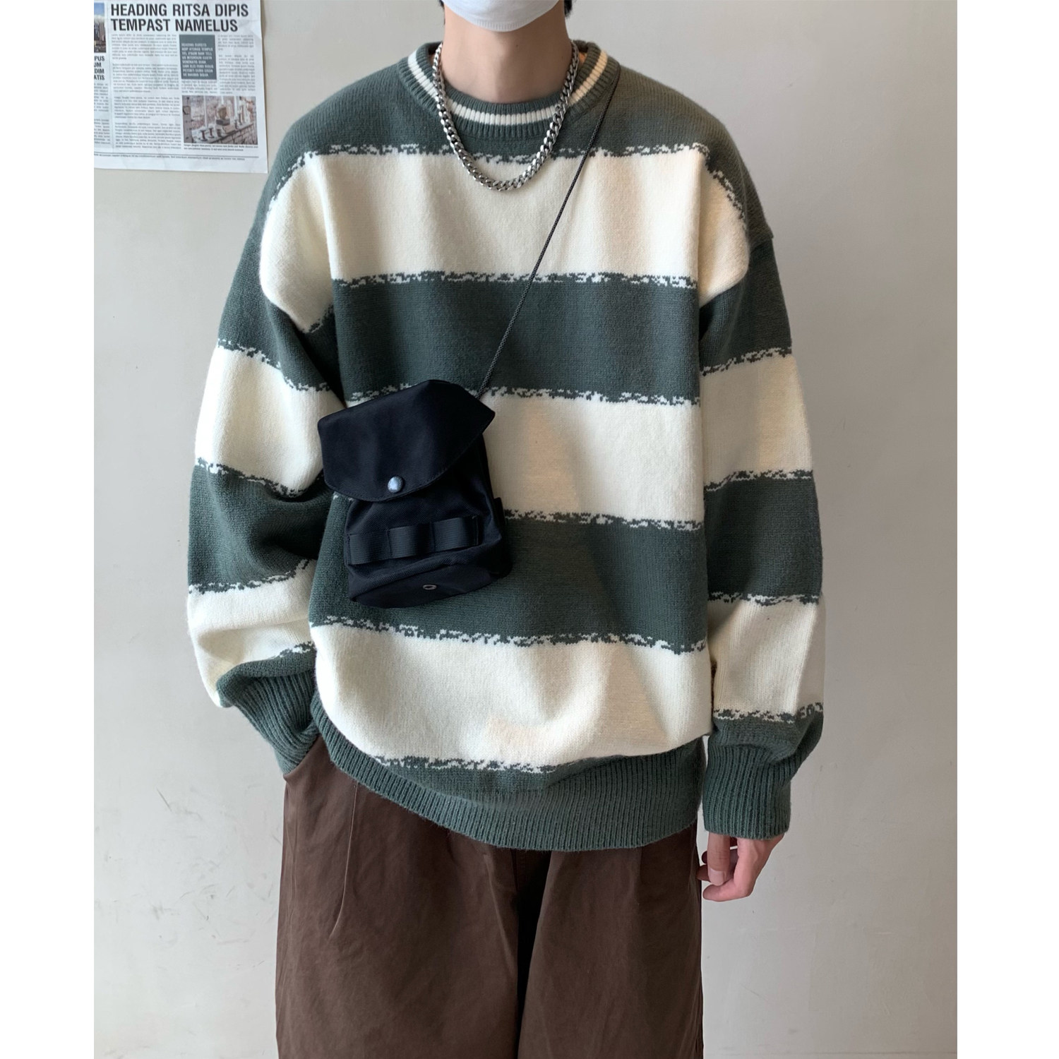 Y06*条纹圆领毛衣男士冬季新款慵懒套头针织衫P70控88，男装针织衫/毛衣，星座617A(原A401)