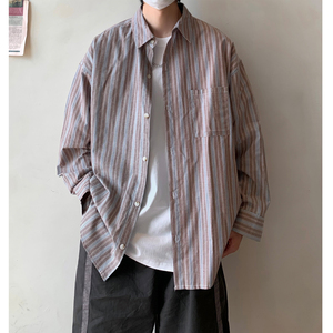 Y31*现货在仓复古竖条纹衬衫男长袖开春宽松衬衣外套P58图片