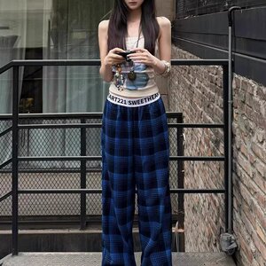 美式街头复古格纹拼接休闲裤女2026春显瘦宽松垂感阔腿裤子P38图片