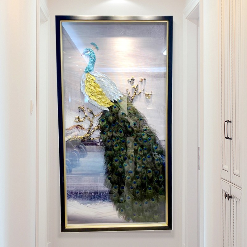 玄关画新中式孔雀羽毛画立体手工大气过道高档竖版过道壁画