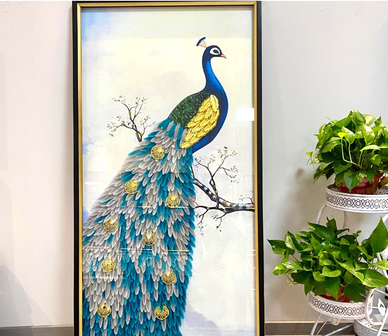 玄关画新中式孔雀羽毛画立体手工大气过道高档竖版过道壁画