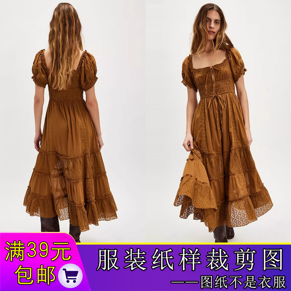 W9885欣艺纸样刺绣蕾丝拼接复古泡泡袖方领气质收腰连衣裙