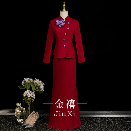 中式旗袍敬酒服新娘订婚红色礼服