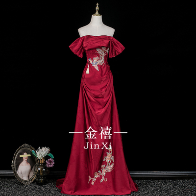 红色一字肩新娘敬酒服订婚礼服裙