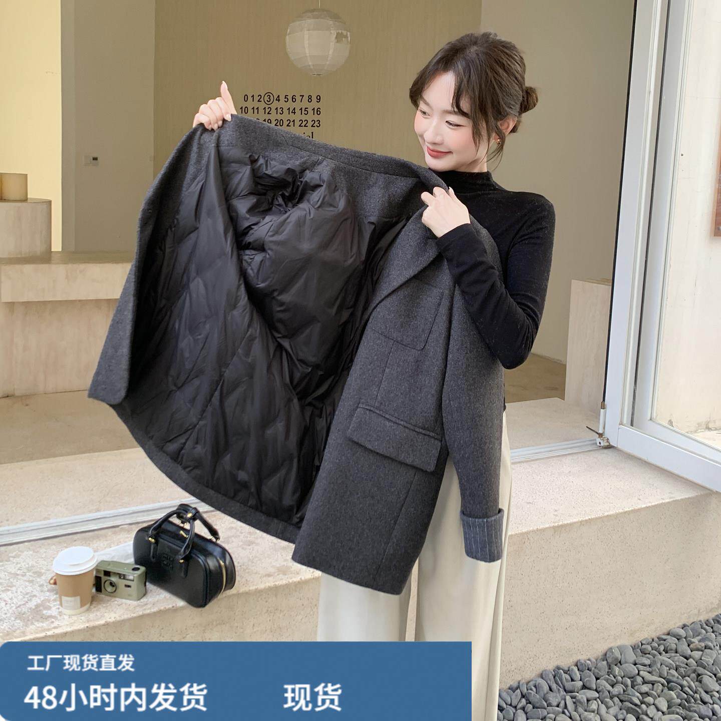 深灰色气质V领白鹅绒西装羽绒服女2025冬高级感大方得体毛呢外套