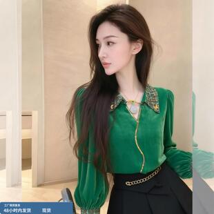 轻奢高级感绿色翻领丝绒衬衫女2025冬季新款独特别致衬衣内搭上衣