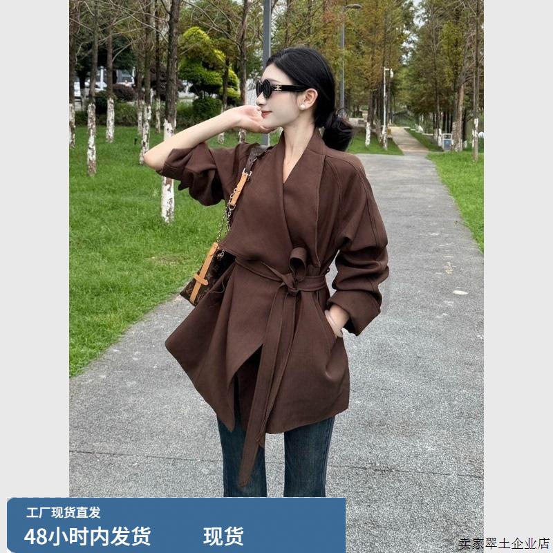 巨好看的早秋风衣高端大气上档次独特超好看气质收腰咖色短款外套