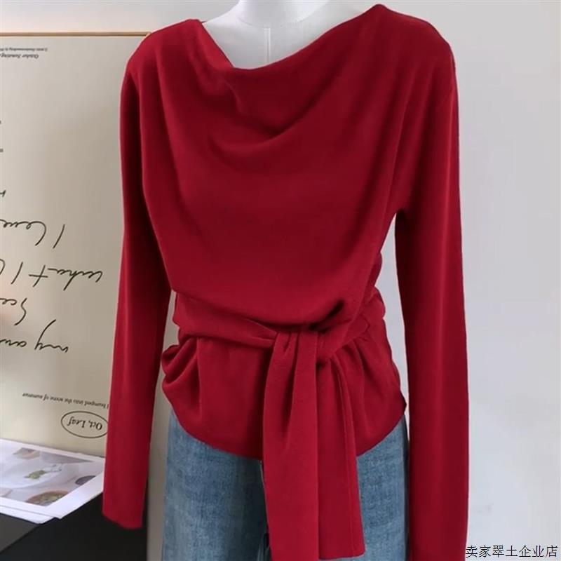 韩系辣妹红色荡领长袖针织衫女秋季新款系带收腰设计感打底衫上衣