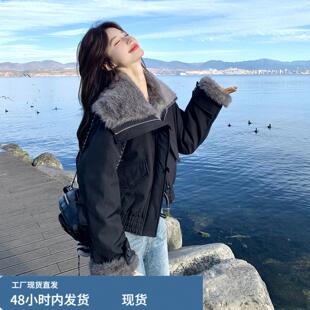 美式复古黑色毛绒拼接羽绒服女短款2025冬韩系酷飒风显瘦夹克外套