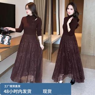 半高领连衣裙女装秋冬季2025新款中长款时尚气质过膝镂空真帜裙子