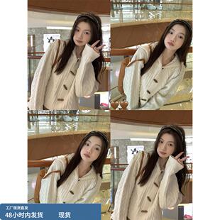 日系奶呼呼麻花连帽毛衣外套女秋冬慵懒松弛感宽松牛角扣针织开衫