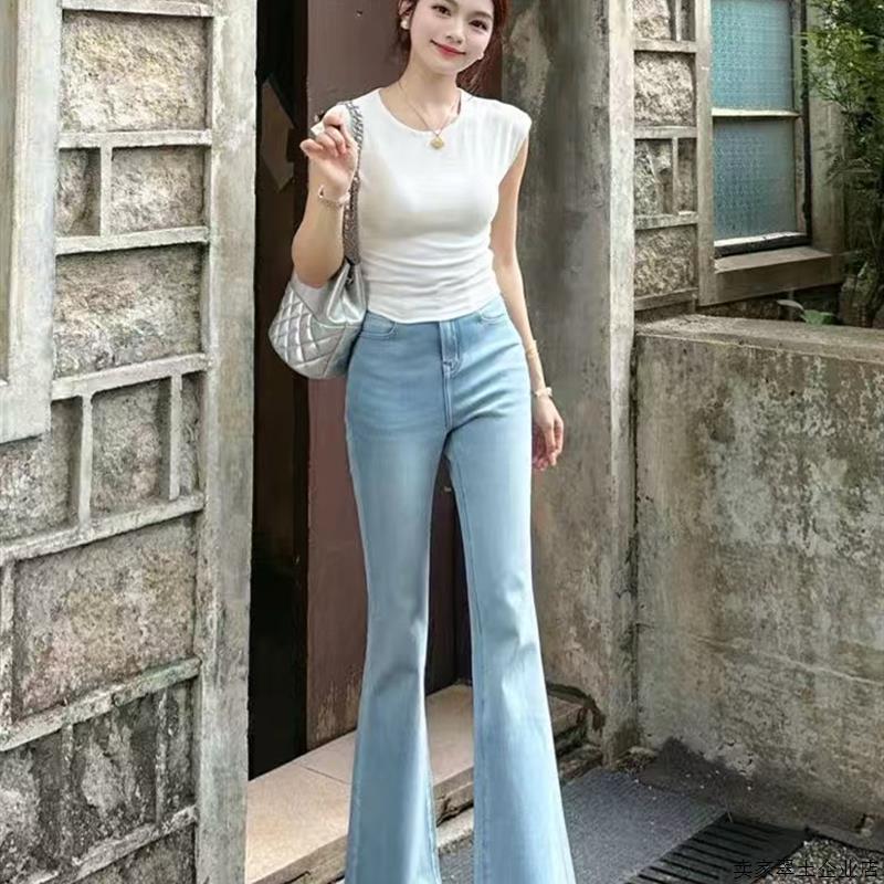 浅蓝色微喇牛仔裤女2025年秋季新款弹力高腰修身显瘦小个子喇叭裤