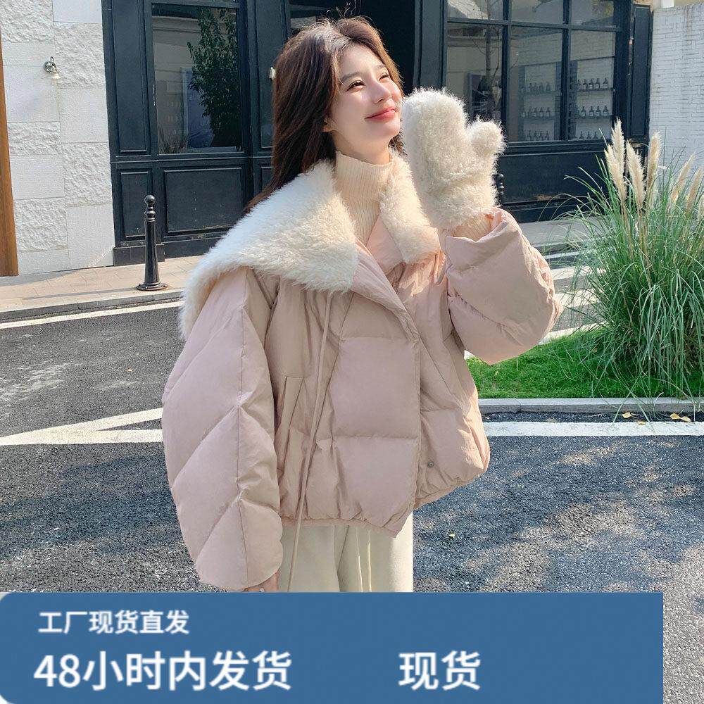 粉色休闲羊羔毛大翻领羽绒服女冬超火好看高级小众保暖加厚短外套