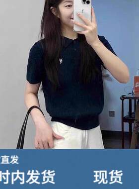 欧货胖mm藏蓝色刺绣POLO衫短袖正肩t恤女款夏季冰丝针织短款上衣