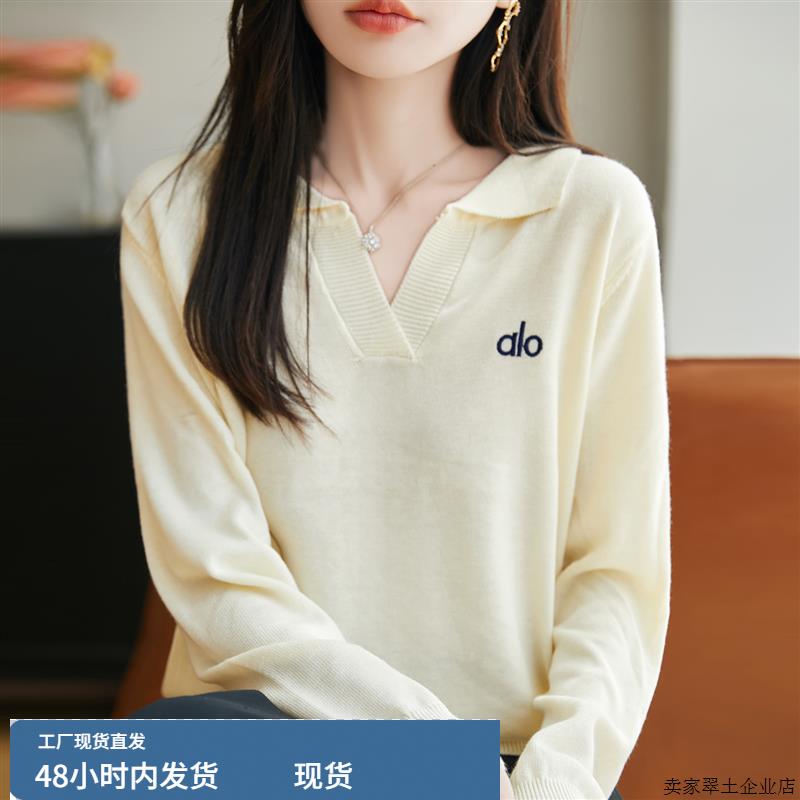 2025秋季新款精纺羊毛翻领针织衫长袖宽松显瘦刺绣毛衣羊绒打底衫