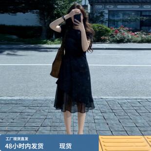 法式赫本风黑色网纱短袖洋装子女夏独特巨好看收腰显瘦气质长裙