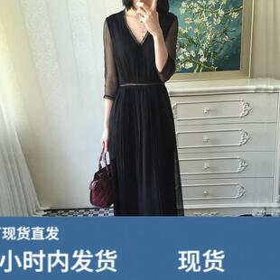 2024夏装新款女装洋气减龄褛空显瘦连衣裙宽松垂感雪纺黑色长裙女