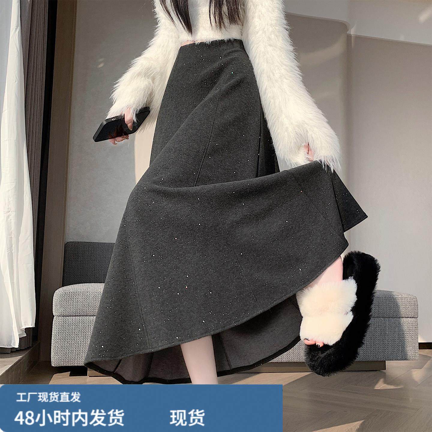 灰色亮片毛呢加厚半身裙女冬季高腰遮胯显瘦a字长裙大摆休闲伞裙,运动/瑜伽/健身/球迷用品,瑜伽短裙,淘宝优惠券,粉丝福利购,淘宝优惠卷