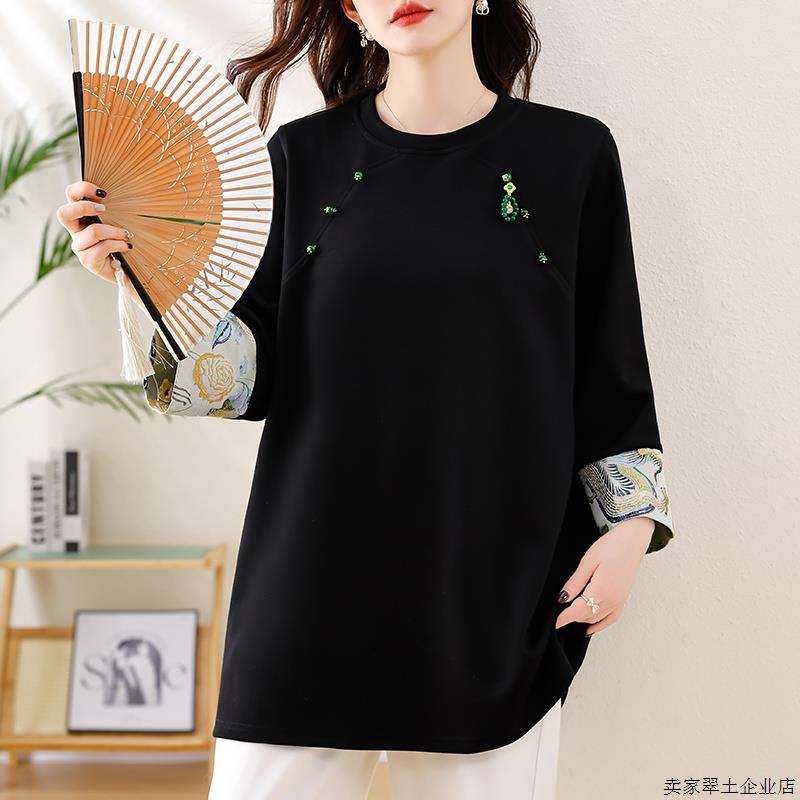 新中式提花拼接长袖T恤女2025秋新款时尚大码套头卫衣中长款上衣