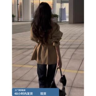 韩系高级感卡其色短款风衣外套女秋冬2025新款收腰绑带小个子大衣