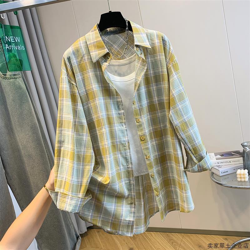 广东普宁纯棉格子长袖衬衫女2025秋新款高端减龄洋气宽松上衣衬衣