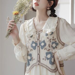 复古钩花镂空V领姜妍同款蓝色绣花马甲女款夏天外搭薄款背心潮