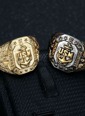 欧美新款嘻哈HIPHOP饰品 钛钢镀金美国海军USN船锚老鹰男士戒指