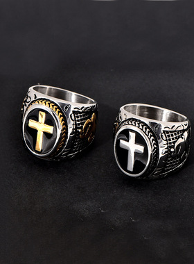 钛钢镀金上帝之手男士戒指