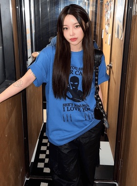 ODD RDCHS/抱走猫咪宝蓝色显白男女同款夏季圆领短袖上衣女夏T恤