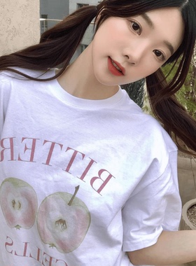 ODD/水蜜桃可爱印花夏季白色纯棉短袖女百搭ins小众T恤女夏上衣女