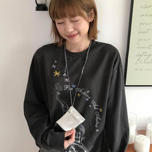 美式学院风美人鱼印花长袖T恤