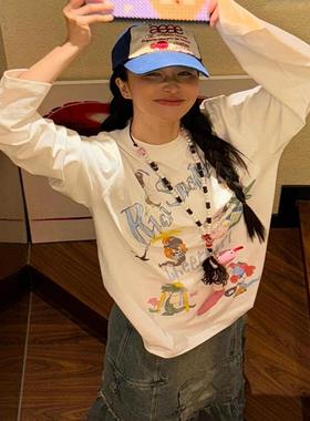 ODD/水彩涂鸦卡通印花百搭慵懒宽松纯棉圆领长袖打底衫T恤上衣女