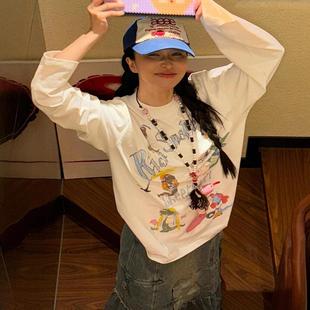 ODD/水彩涂鸦卡通印花百搭慵懒宽松纯棉圆领长袖打底衫T恤上衣女