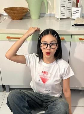 ODD/美式复古辣妹欧美性感印花夏季百搭甜妹白色修身短袖T恤上衣