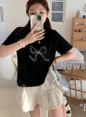 ODD/白色丝带创意印花街头感夏季黑色别致短袖T恤女百搭显瘦纯棉