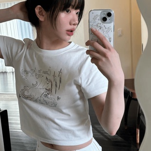 ODD 短款 露脐上衣女修身 显瘦高腰正肩圆领T恤女夏 独角兽愿望夏季
