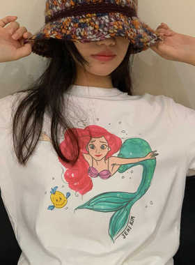 ODD韩国ins超火新款百搭红发美人鱼卡通印花宽松纯棉圆领短袖T恤
