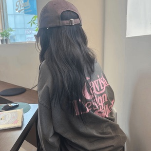 ODD/烟灰色长袖显白印花韩系ins春秋套头圆领打底衫女百搭纯棉新