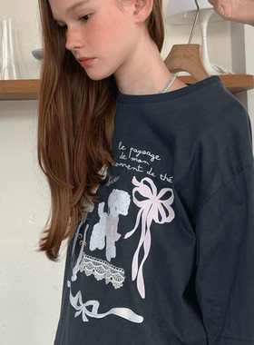 ODD/小羊蕾丝蝴蝶结夏季可爱黑色圆领纯棉可爱短袖女百搭小众上衣