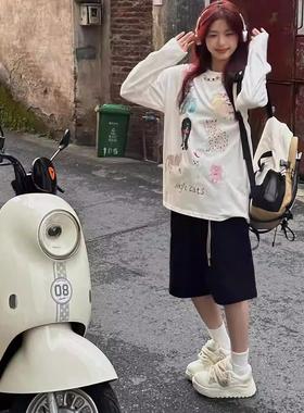 ODD/圆领宽松百搭印花可爱卡通猫咪ins长袖T恤纯棉休闲上衣女新款