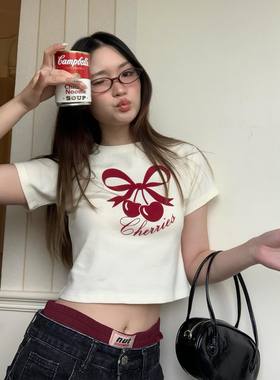 ODD RDCHS红色丝绒礼物少女夏季露脐吧百搭辣妹新印花短袖T恤女夏