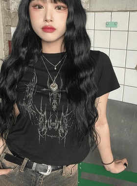 ODD/线条黑色露脐短款上衣女百搭圆领修身潮显瘦高腰上衣T恤夏新