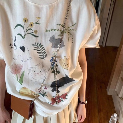ODD/趣味小众兔子无感印花圆领宽松纯棉短袖T恤女上衣夏透气百搭
